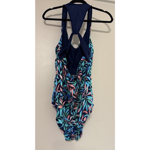 Lands End Womens Swimsuit One Piece V Neck Halter Size 14 Blue Leaf - Picture 3 of 6